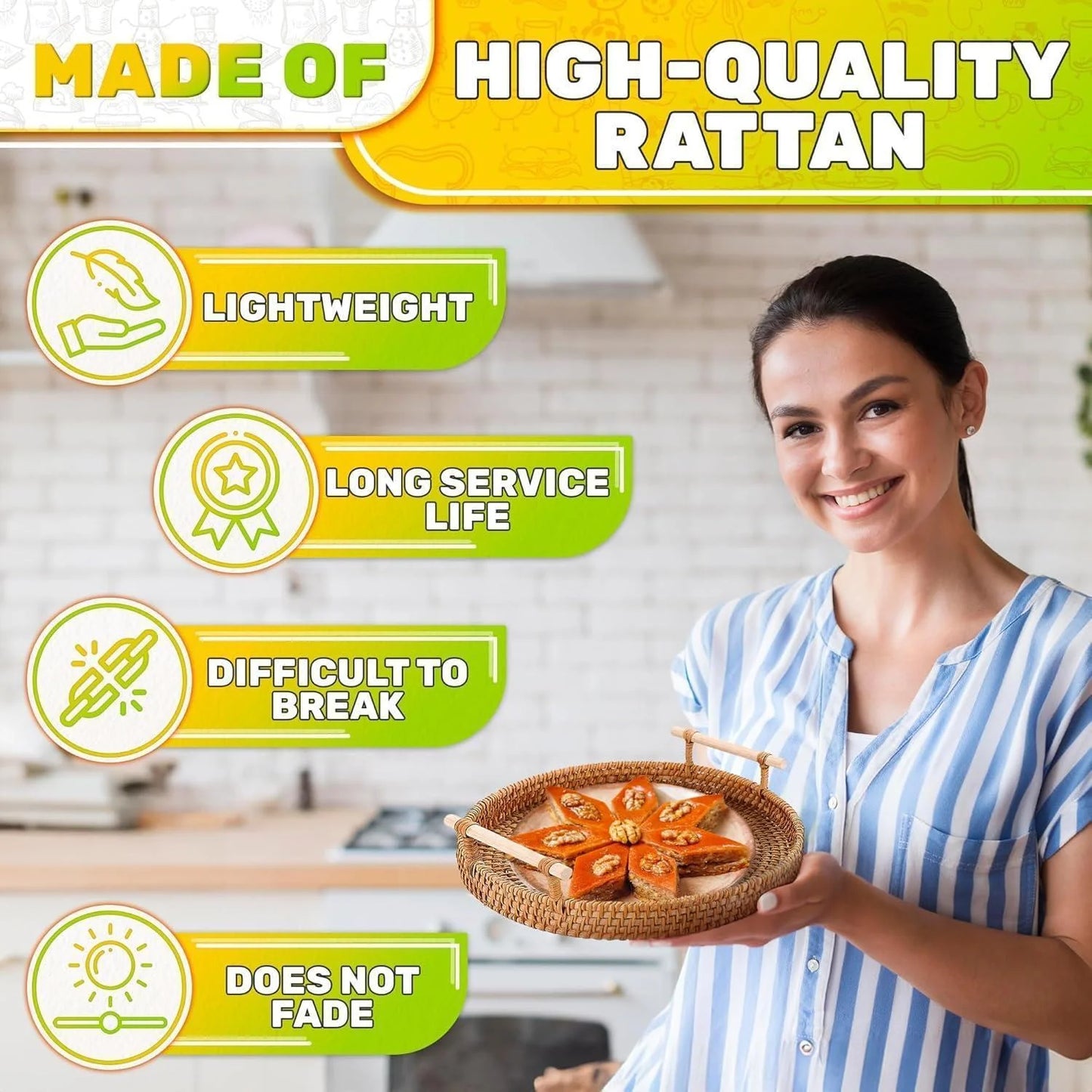 Rattan Tray 8.7 Inch round Woven Serving Basket with Handles Decorative Tray for Coffee Table Bread Fruit Vegetables Restaurant & Home Use