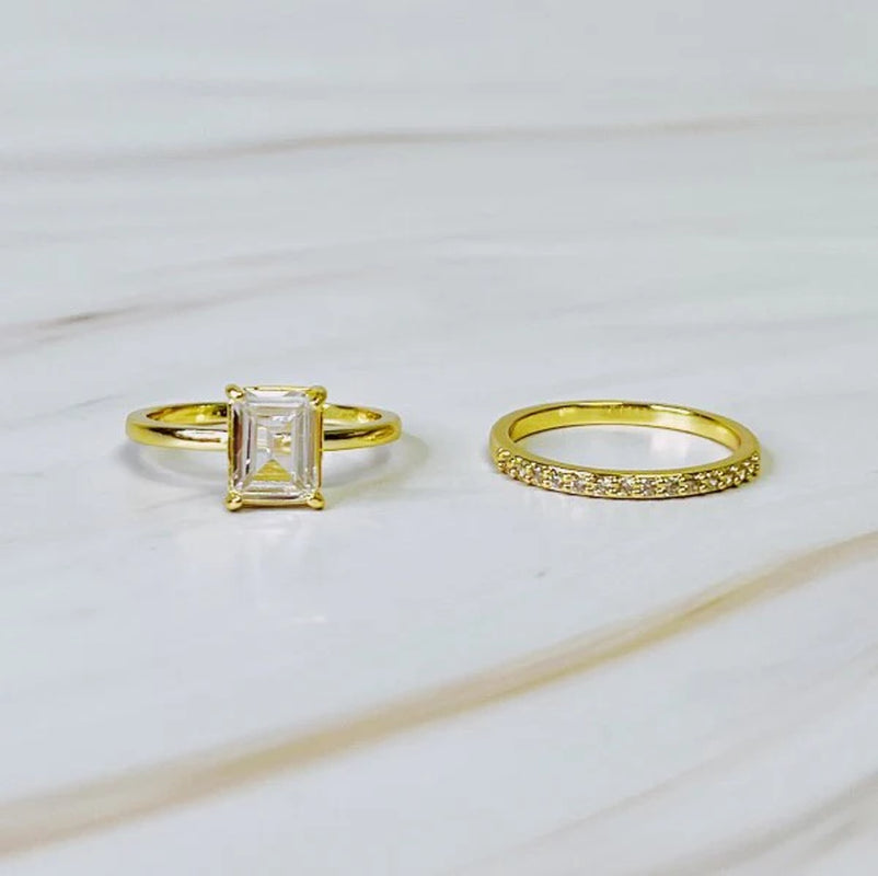Emerald Cut Solitaire Ring Set of 2