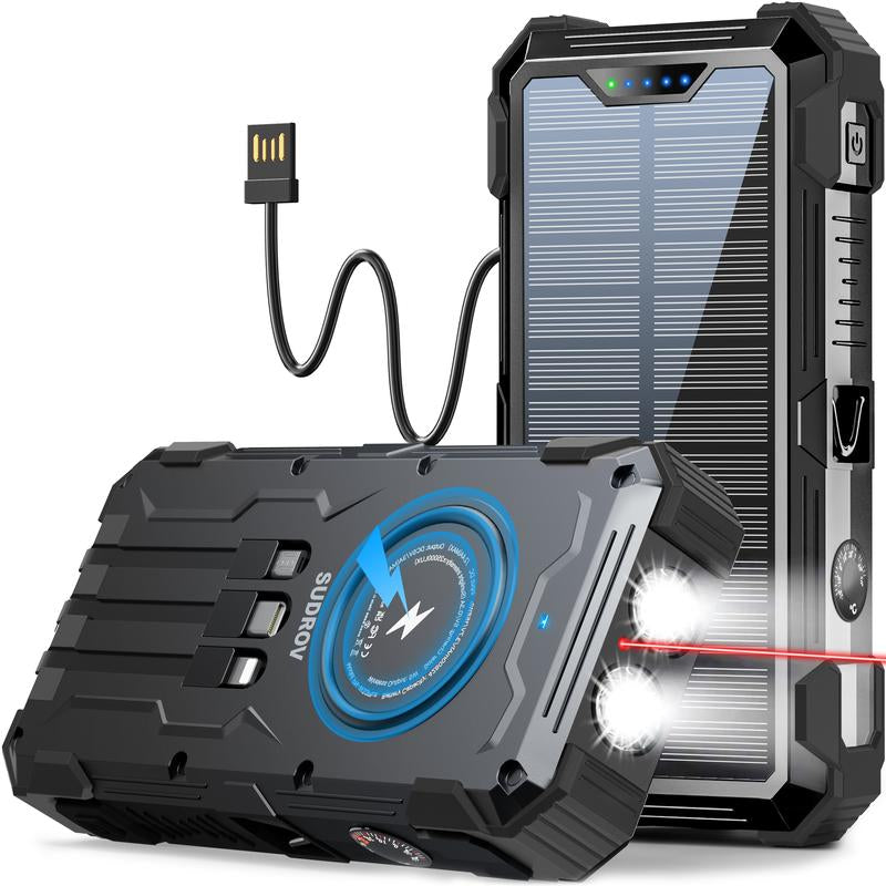 Sudrov 42800 Mah Solar Charger Power Bank Wireless Charger Built in 4 Cables 7 Outputs 15 Watts Fast Charging Power Bank for All Mobile Devices 3 Inputs Solar Portable Charger with Dual Flashlights, Carabiner and Thermometer