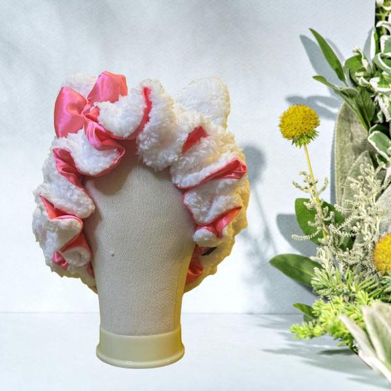 Luxury White Teddy Satin-Lined Bonnet - 3D Plush Bonnets, Adjustable, Stylish, Daily Hair Care, Bonnet