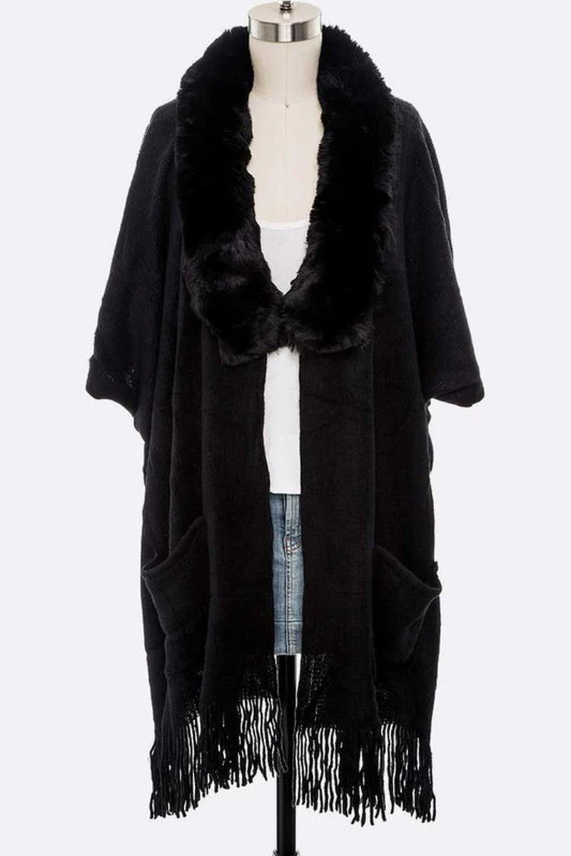Faux Fur Lapel Long Cardigan