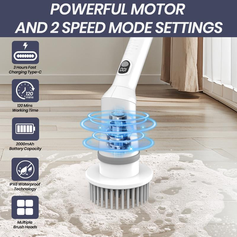 Electric Spin Scrubber with 9 Replaceable Brush Heads Dual Speed Adjustable Handle for Bathroom Kitchen Car Portable Durable USB-C Fast Charging Cleaner Household Itemcarrie-