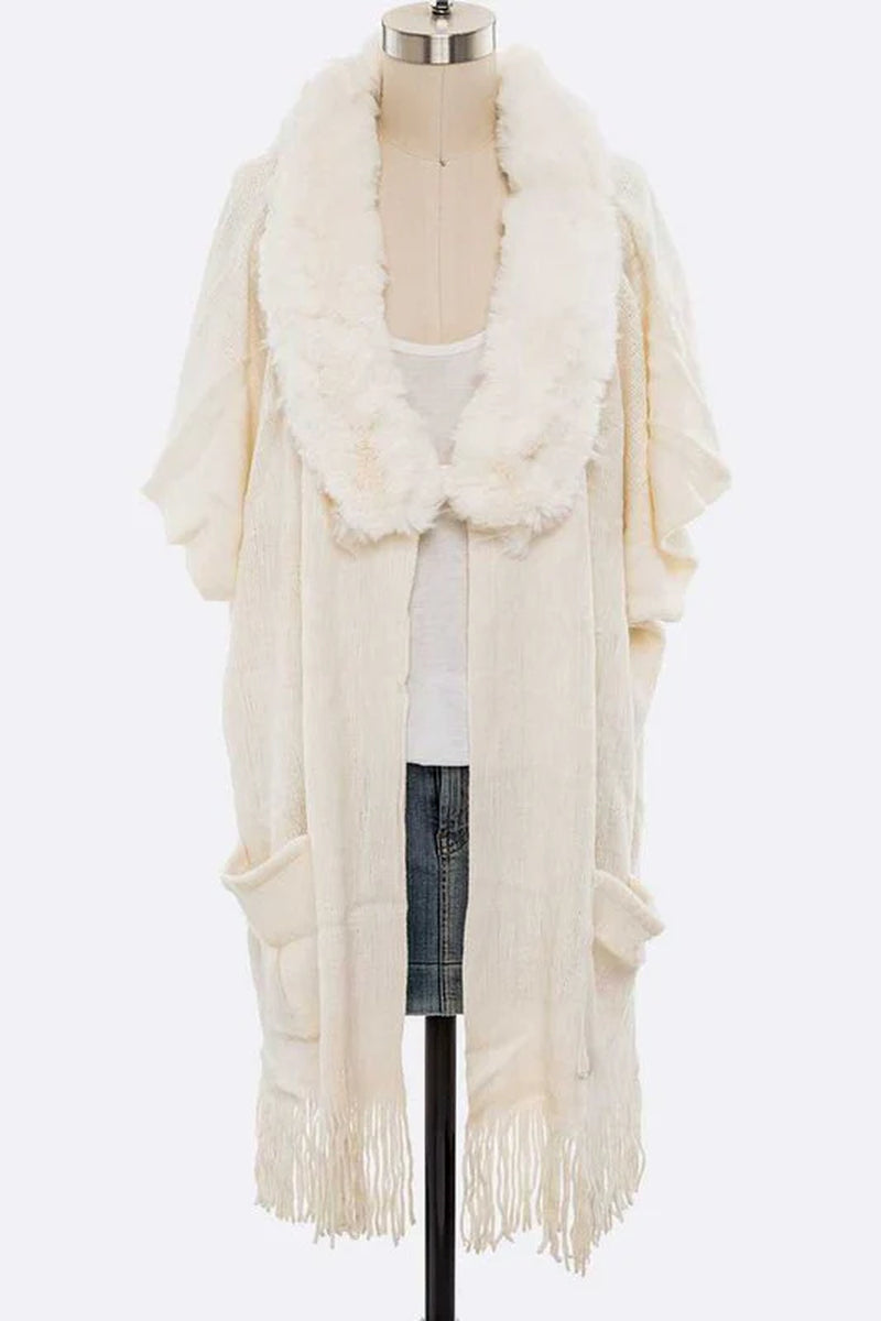 Faux Fur Lapel Long Cardigan