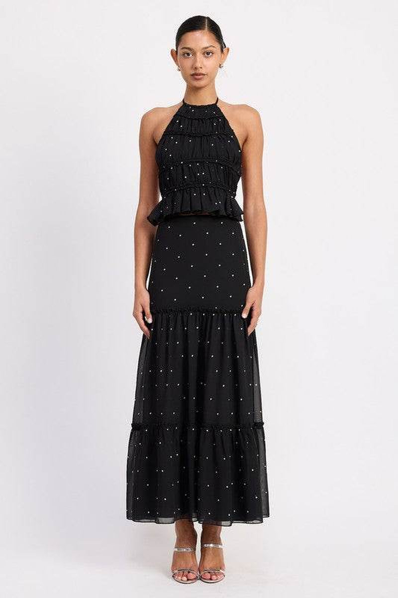 TIERED RUFFLE MIDI SKIRT