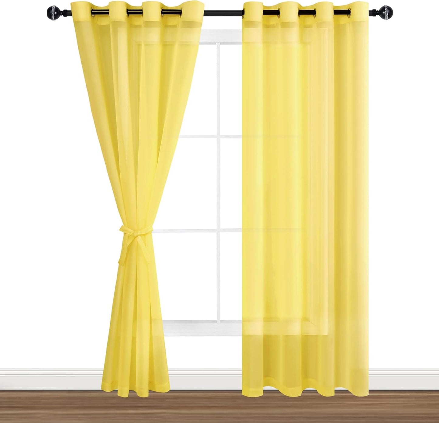 Sheer Curtains for Living Room with Tiebacks, Grommet Top Light Filtering Airy Voile Drapes Lightweight Window Curtains for Bedroom, Nursery, Yellow, W52 X L84, Set of 2 Soft Textured Panels