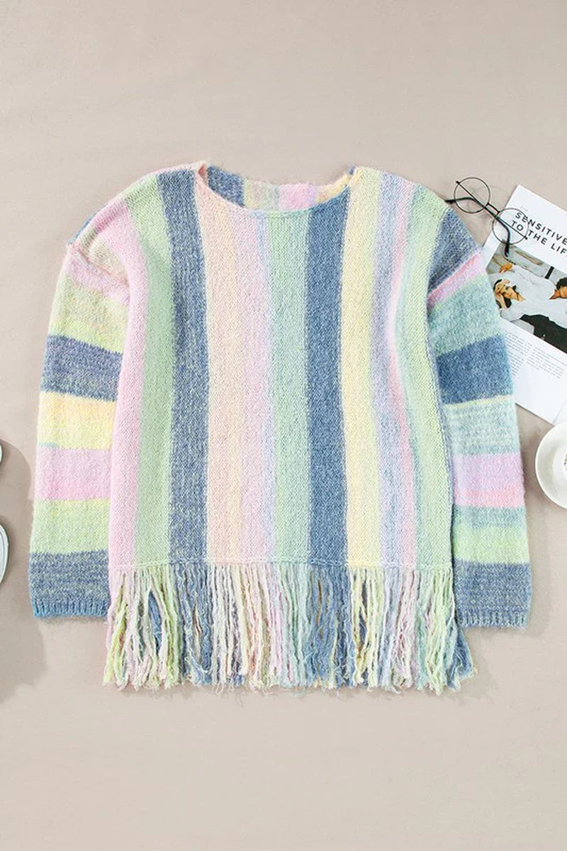 Color Block Fringed Drop Shoulder Tunic Sweater