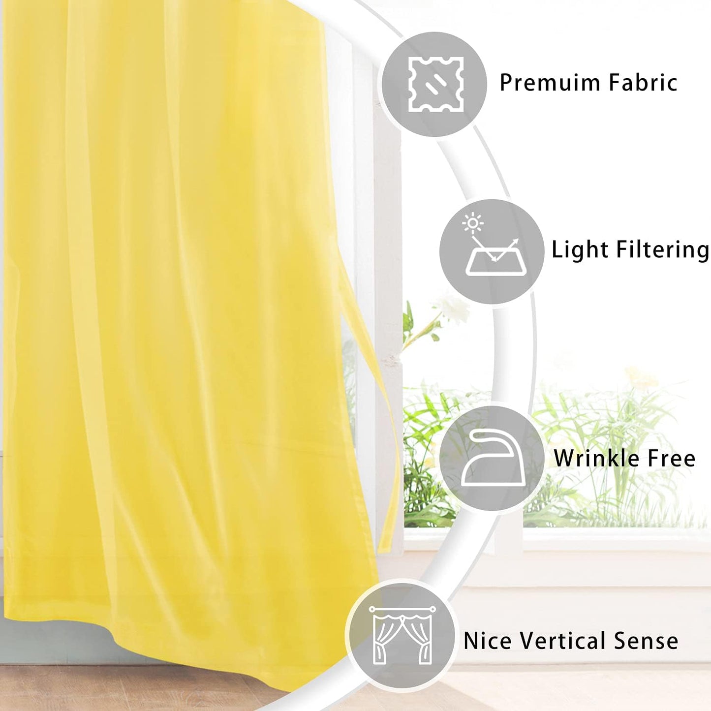Sheer Curtains for Living Room with Tiebacks, Grommet Top Light Filtering Airy Voile Drapes Lightweight Window Curtains for Bedroom, Nursery, Yellow, W52 X L84, Set of 2 Soft Textured Panels