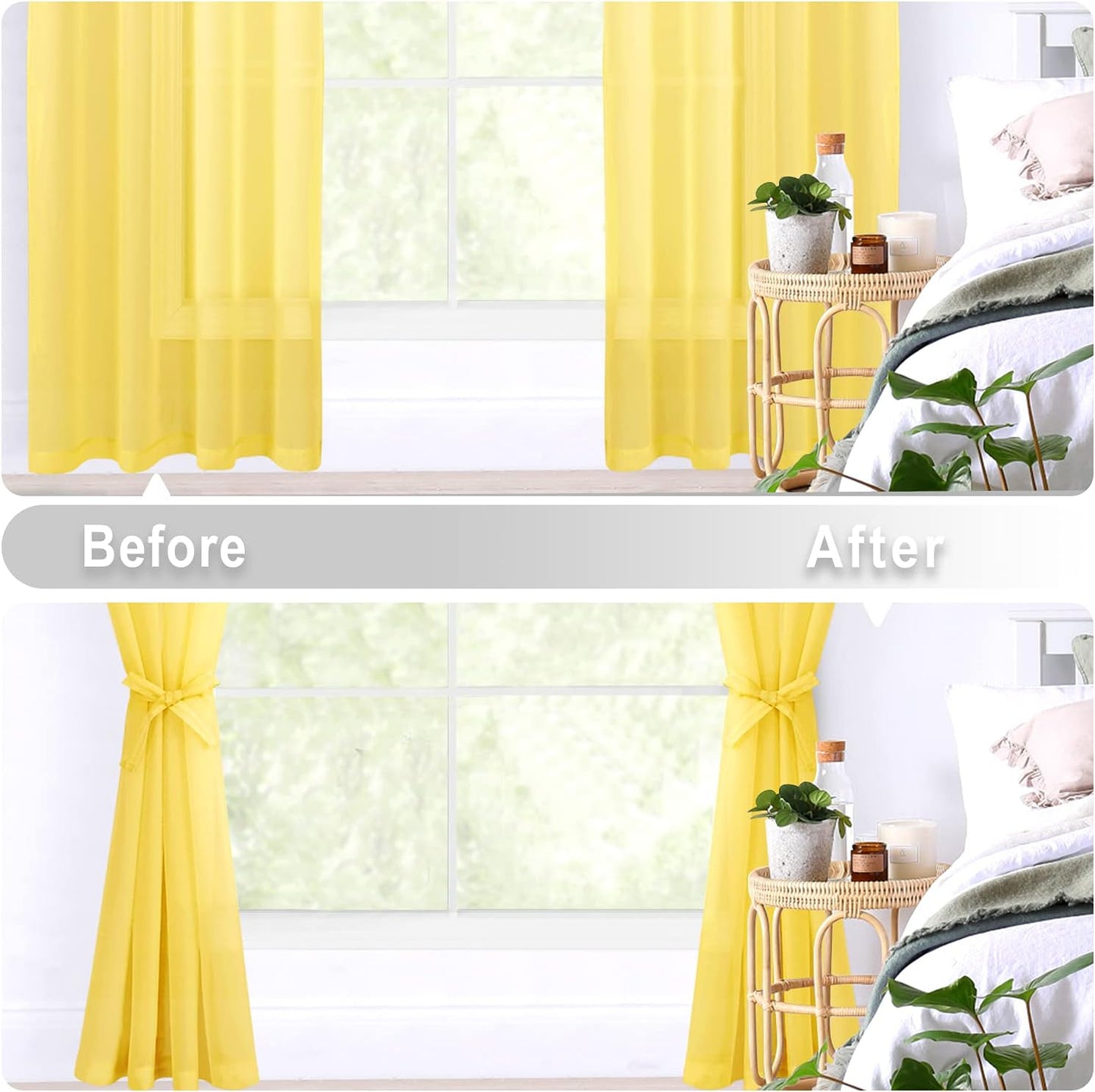 Sheer Curtains for Living Room with Tiebacks, Grommet Top Light Filtering Airy Voile Drapes Lightweight Window Curtains for Bedroom, Nursery, Yellow, W52 X L84, Set of 2 Soft Textured Panels