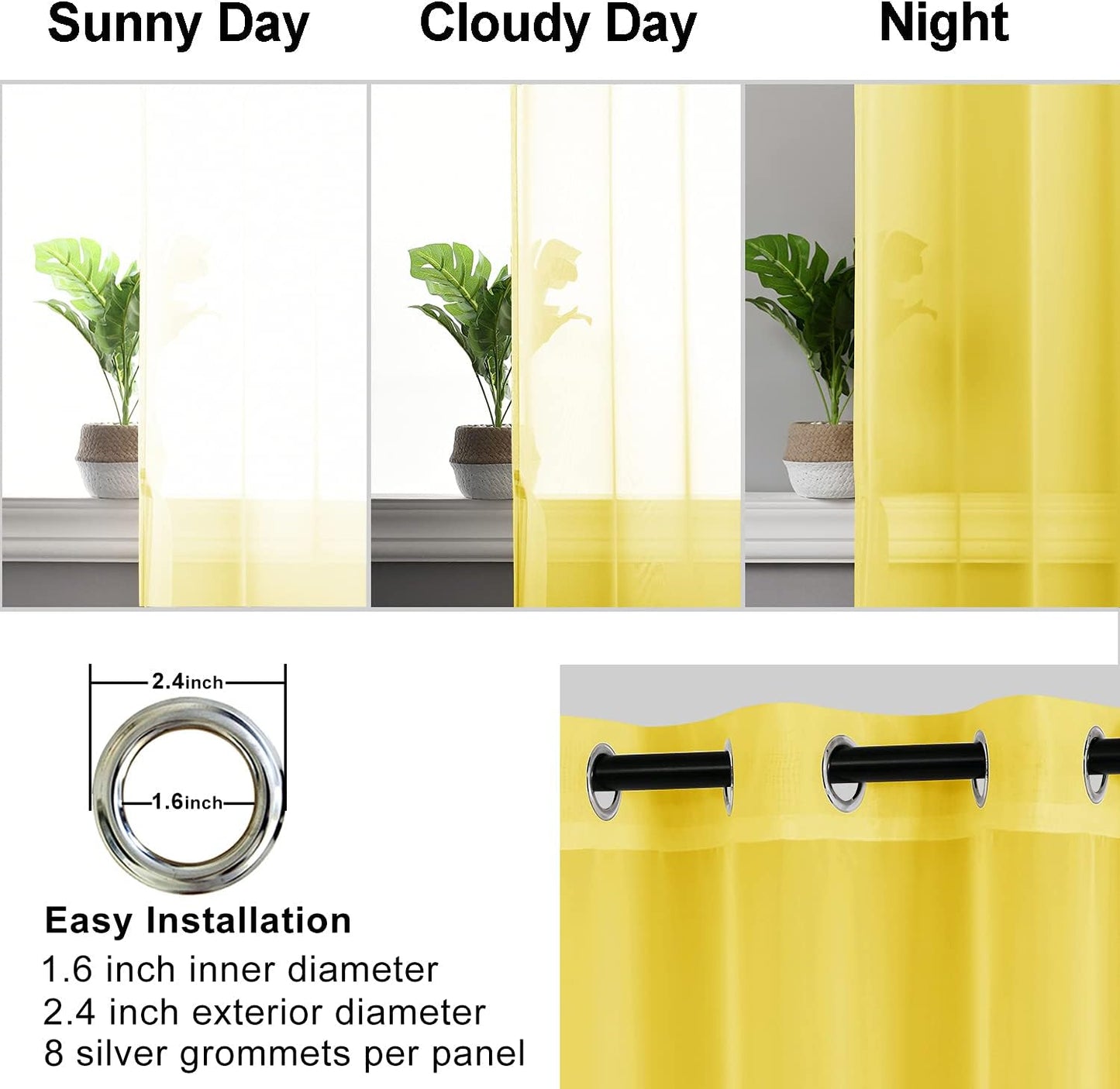 Sheer Curtains for Living Room with Tiebacks, Grommet Top Light Filtering Airy Voile Drapes Lightweight Window Curtains for Bedroom, Nursery, Yellow, W52 X L84, Set of 2 Soft Textured Panels