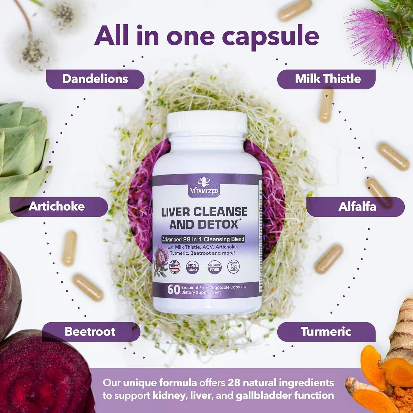Liver Cleanse and Detox Formula Milk Thistle, Artichoke Extract, Dandelion, and Apple Cider Vinegar Liver Health Supplement