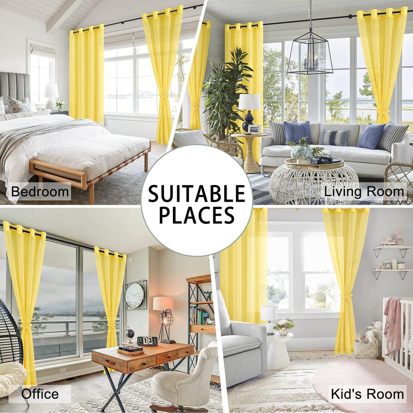 Sheer Curtains for Living Room with Tiebacks, Grommet Top Light Filtering Airy Voile Drapes Lightweight Window Curtains for Bedroom, Nursery, Yellow, W52 X L84, Set of 2 Soft Textured Panels