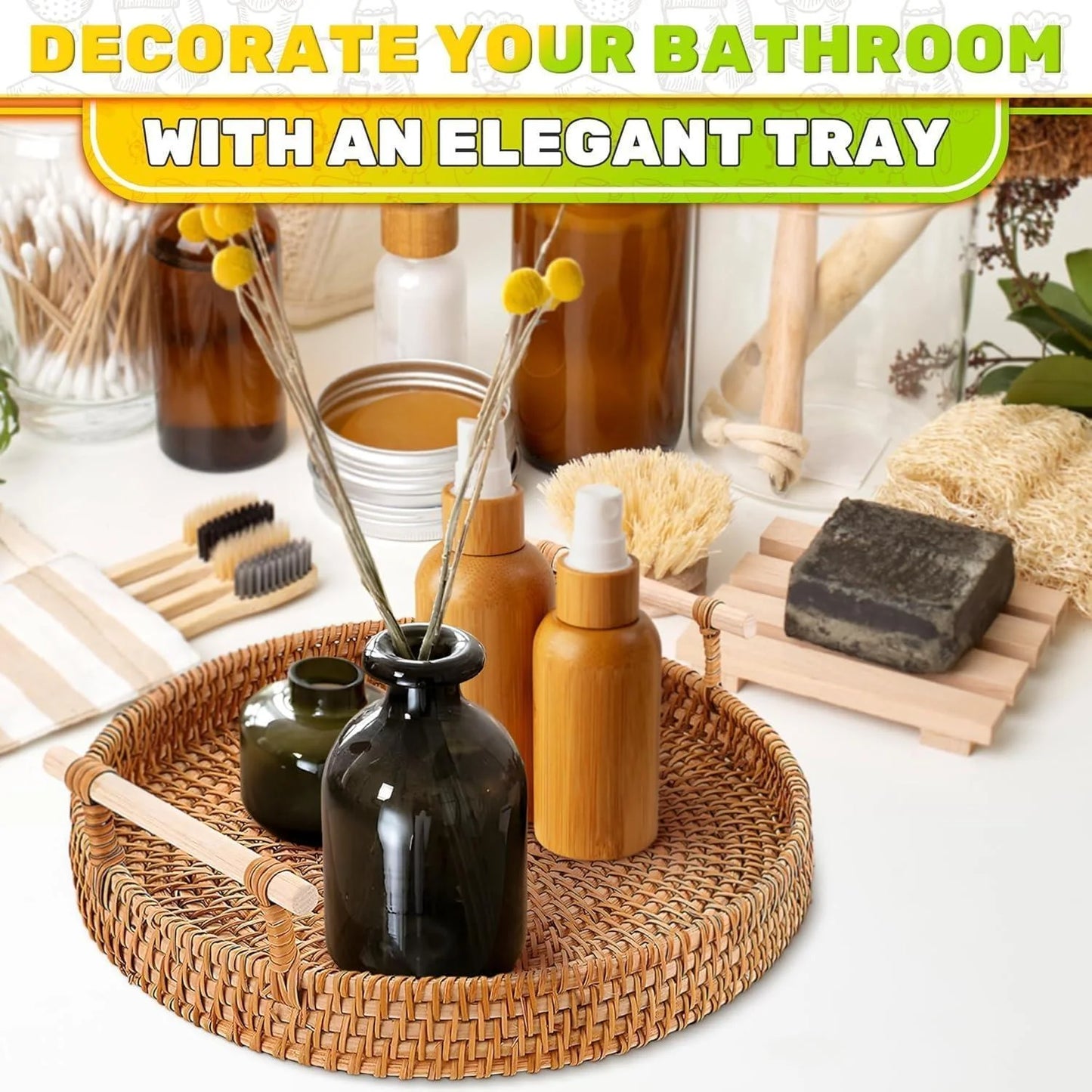 Rattan Tray 8.7 Inch round Woven Serving Basket with Handles Decorative Tray for Coffee Table Bread Fruit Vegetables Restaurant & Home Use