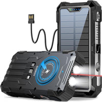 Sudrov 42800 Mah Solar Charger Power Bank Wireless Charger Built in 4 Cables 7 Outputs 15 Watts Fast Charging Power Bank for All Mobile Devices 3 Inputs Solar Portable Charger with Dual Flashlights, Carabiner and Thermometer