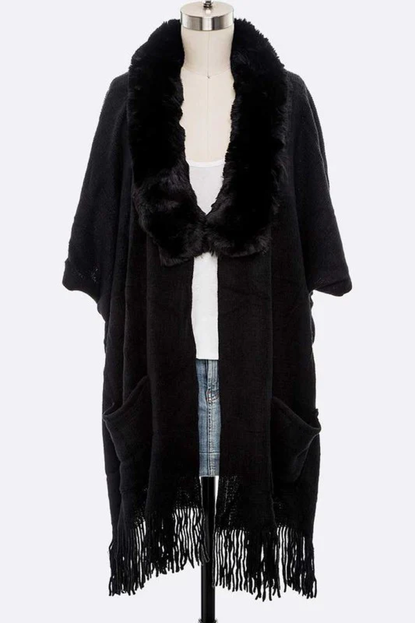 Faux Fur Lapel Long Cardigan