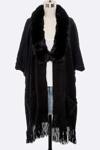 Faux Fur Lapel Long Cardigan