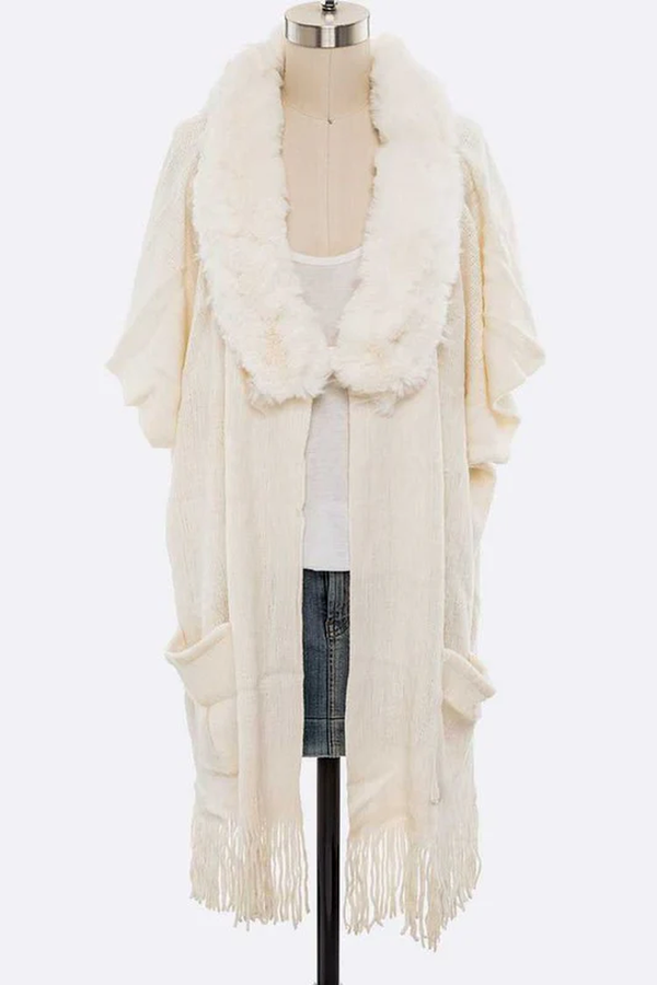 Faux Fur Lapel Long Cardigan