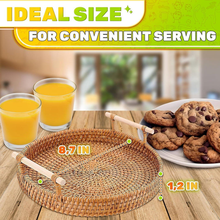 Rattan Tray 8.7 Inch round Woven Serving Basket with Handles Decorative Tray for Coffee Table Bread Fruit Vegetables Restaurant & Home Use