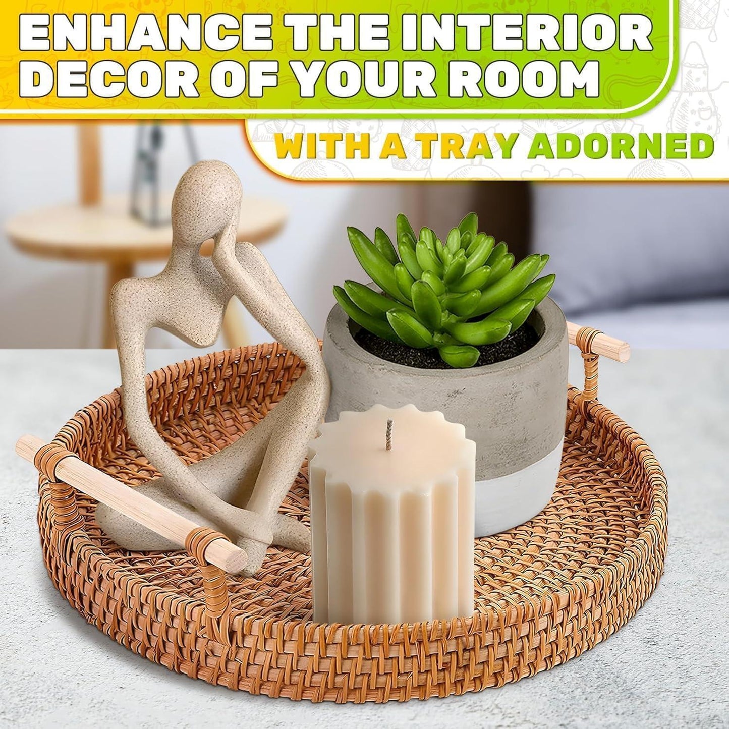 Rattan Tray 8.7 Inch round Woven Serving Basket with Handles Decorative Tray for Coffee Table Bread Fruit Vegetables Restaurant & Home Use