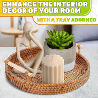 Rattan Tray 8.7 Inch round Woven Serving Basket with Handles Decorative Tray for Coffee Table Bread Fruit Vegetables Restaurant & Home Use