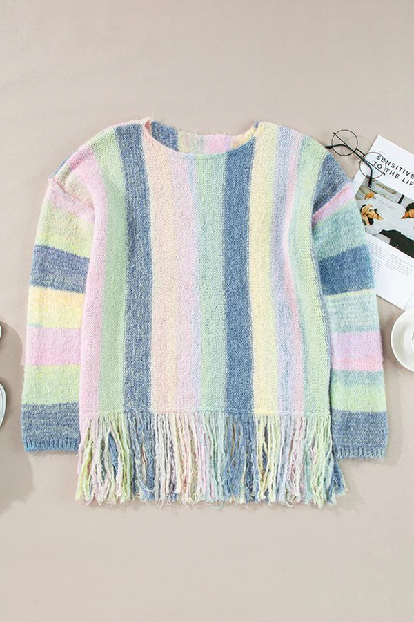 Color Block Fringed Drop Shoulder Tunic Sweater