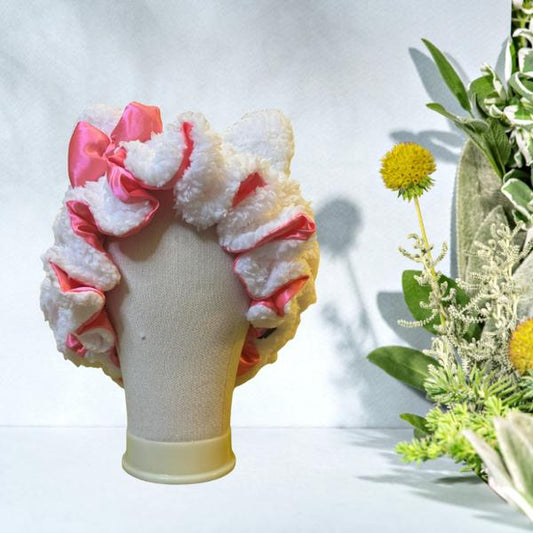 Luxury White Teddy Satin-Lined Bonnet - 3D Plush Bonnets, Adjustable, Stylish, Daily Hair Care, Bonnet