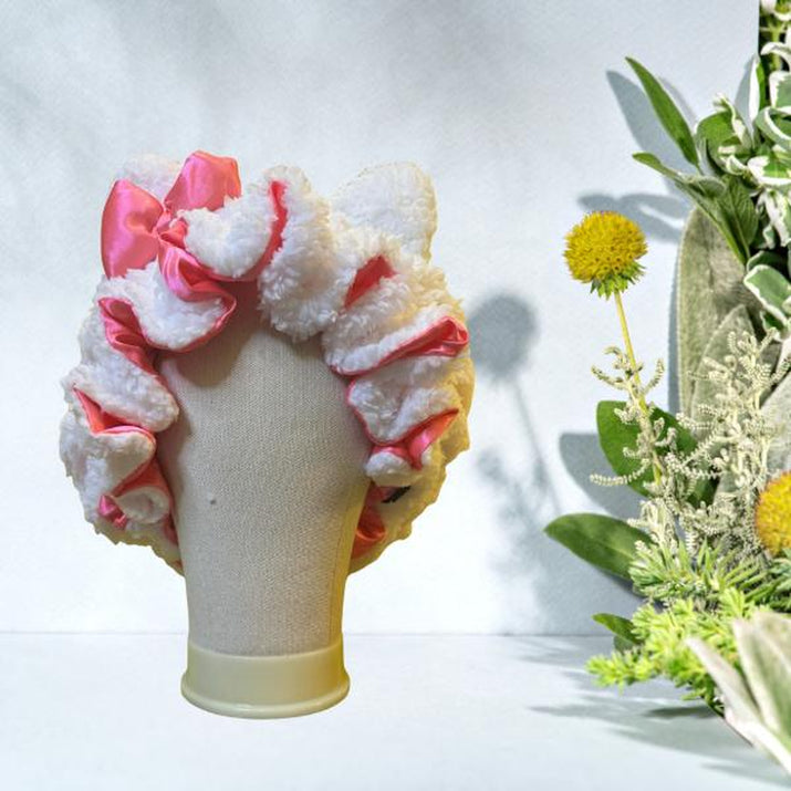 Luxury White Teddy Satin-Lined Bonnet - 3D Plush Bonnets, Adjustable, Stylish, Daily Hair Care, Bonnet