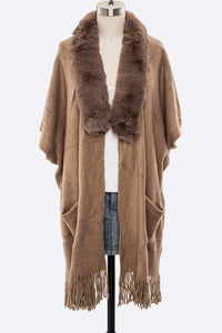 Faux Fur Lapel Long Cardigan