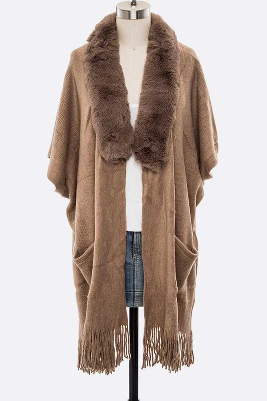 Faux Fur Lapel Long Cardigan