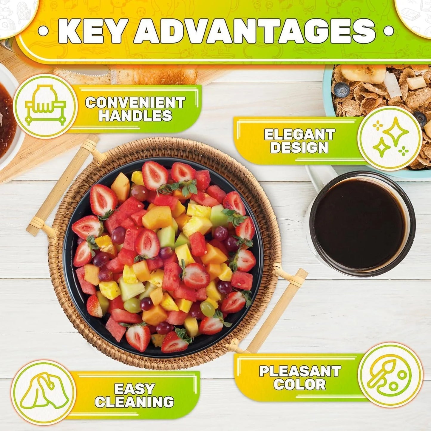 Rattan Tray 8.7 Inch round Woven Serving Basket with Handles Decorative Tray for Coffee Table Bread Fruit Vegetables Restaurant & Home Use