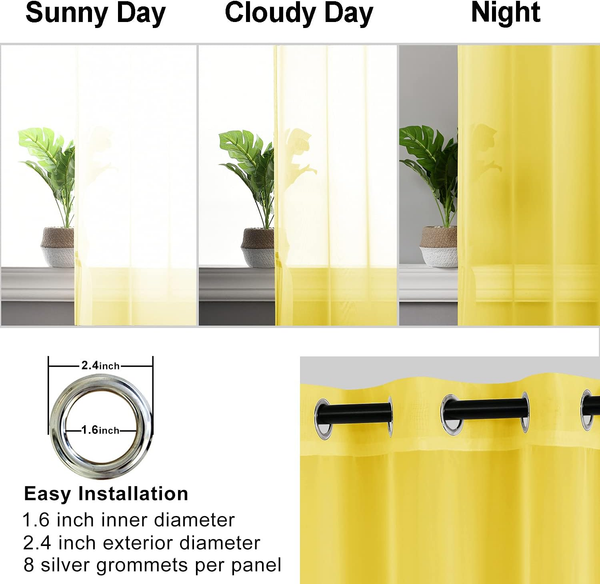 Sheer Curtains for Living Room with Tiebacks, Grommet Top Light Filtering Airy Voile Drapes Lightweight Window Curtains for Bedroom, Nursery, Yellow, W52 X L84, Set of 2 Soft Textured Panels